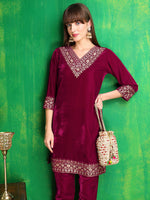 Thumbnail for Embroidered Velvet Co-Ords, Pink - Hiral Fashion - Distacart