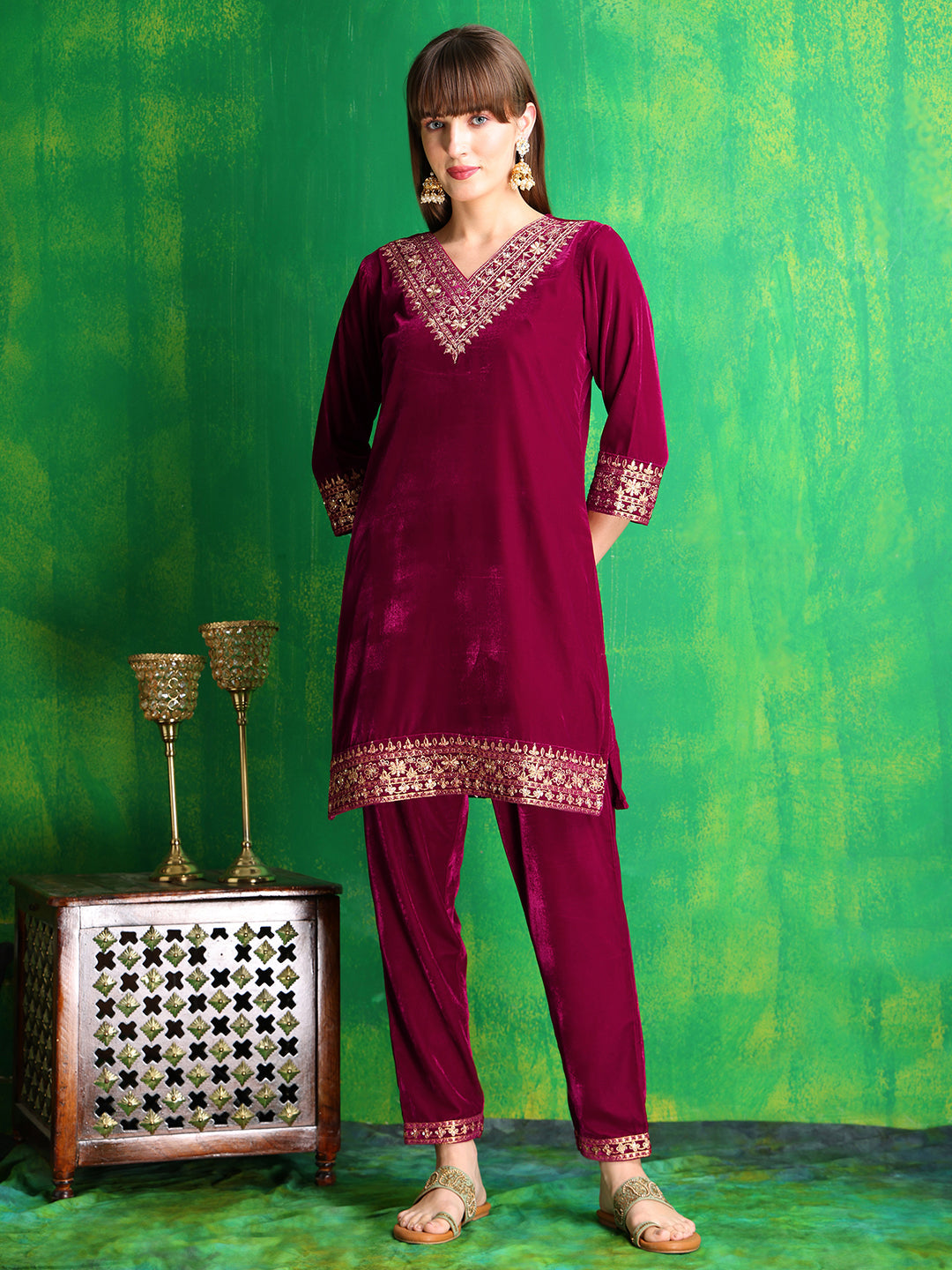 Embroidered Velvet Co-Ords, Pink - Hiral Fashion