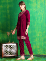 Thumbnail for Embroidered Velvet Co-Ords, Pink - Hiral Fashion - Distacart