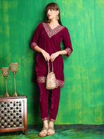 Thumbnail for Embroidered Velvet Co-Ords, Pink - Hiral Fashion - Distacart
