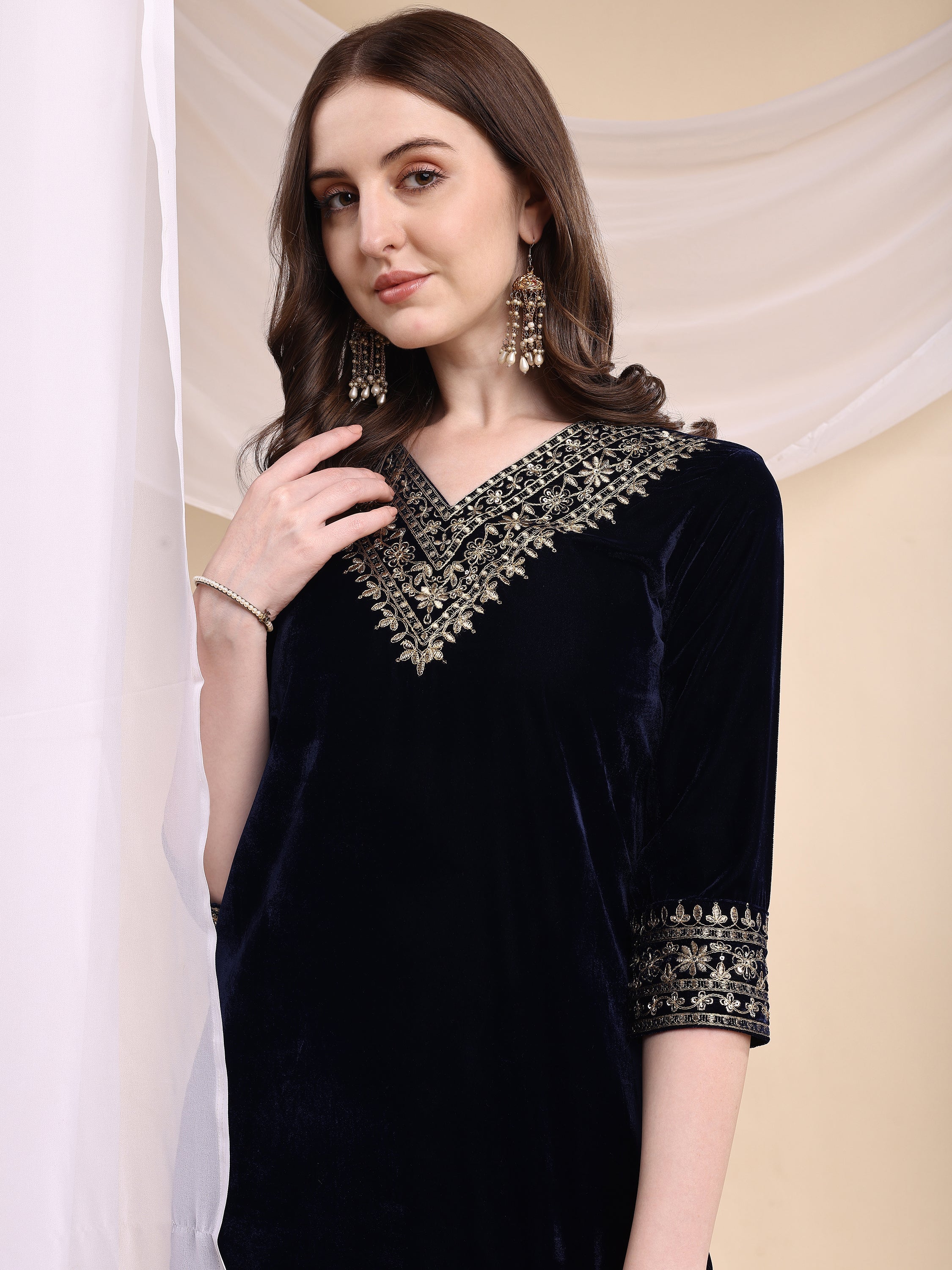Embroidered Velvet Co-Ords, Navy Blue - Hiral Fashion - Distacart
