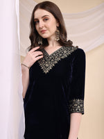 Thumbnail for Embroidered Velvet Co-Ords, Navy Blue - Hiral Fashion - Distacart