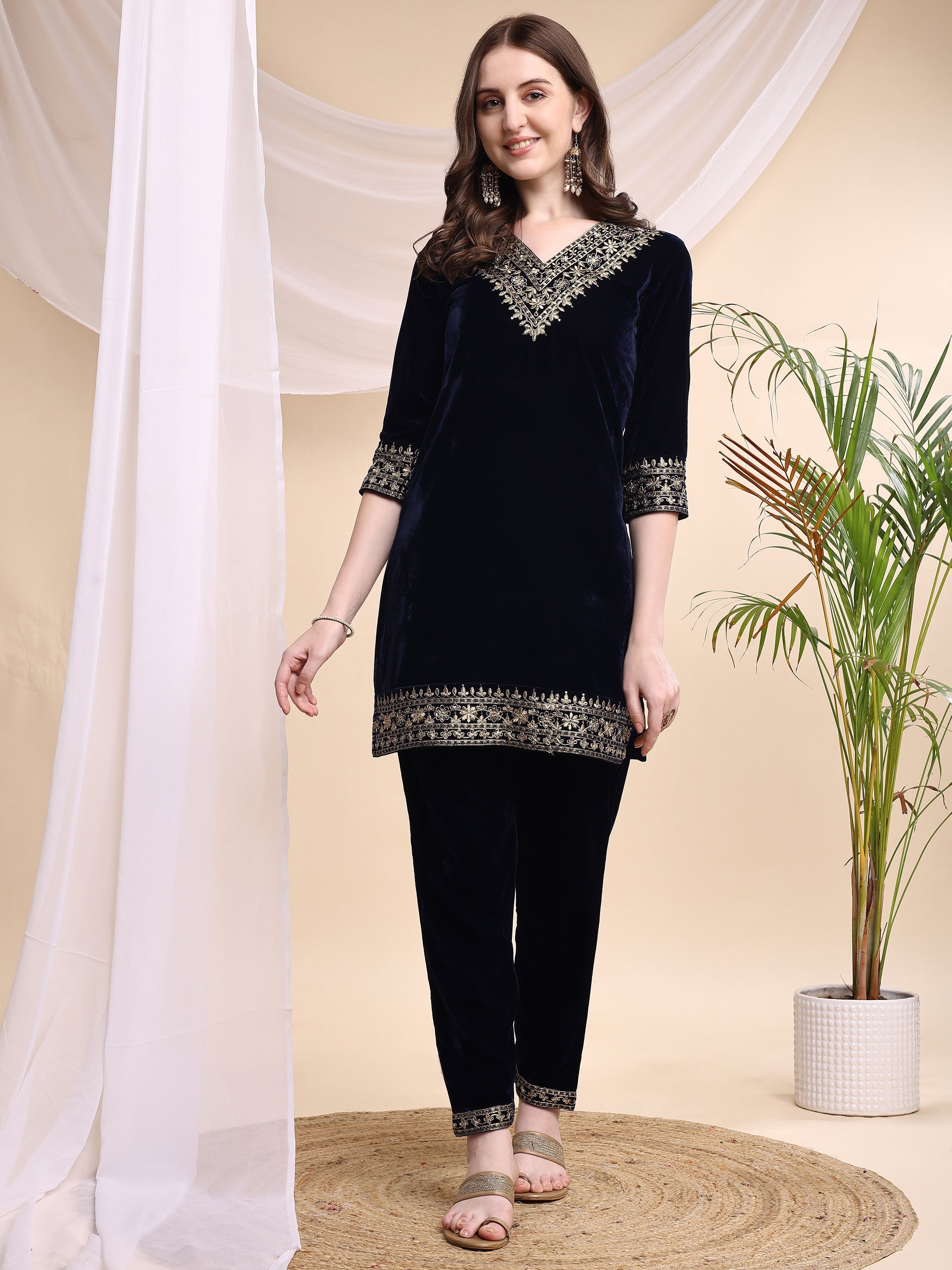 Embroidered Velvet Co-Ords, Navy Blue - Hiral Fashion