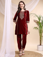 Thumbnail for Embroidered Velvet Co-Ords, Maroon - Hiral Fashion - Distacart