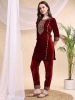 Thumbnail for Embroidered Velvet Co-Ords, Maroon - Hiral Fashion - Distacart