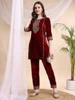 Thumbnail for Embroidered Velvet Co-Ords, Maroon - Hiral Fashion - Distacart