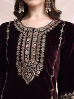 Thumbnail for Embroidered Velvet Co-Ords, Wine - Hiral Fashion - Distacart