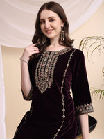 Thumbnail for Embroidered Velvet Co-Ords, Wine - Hiral Fashion - Distacart
