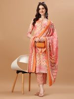 Thumbnail for Printed Cotton Orange & Pink Kurta Pant & Dupatta Set, Multicolor - Hiral Fashion - Dista