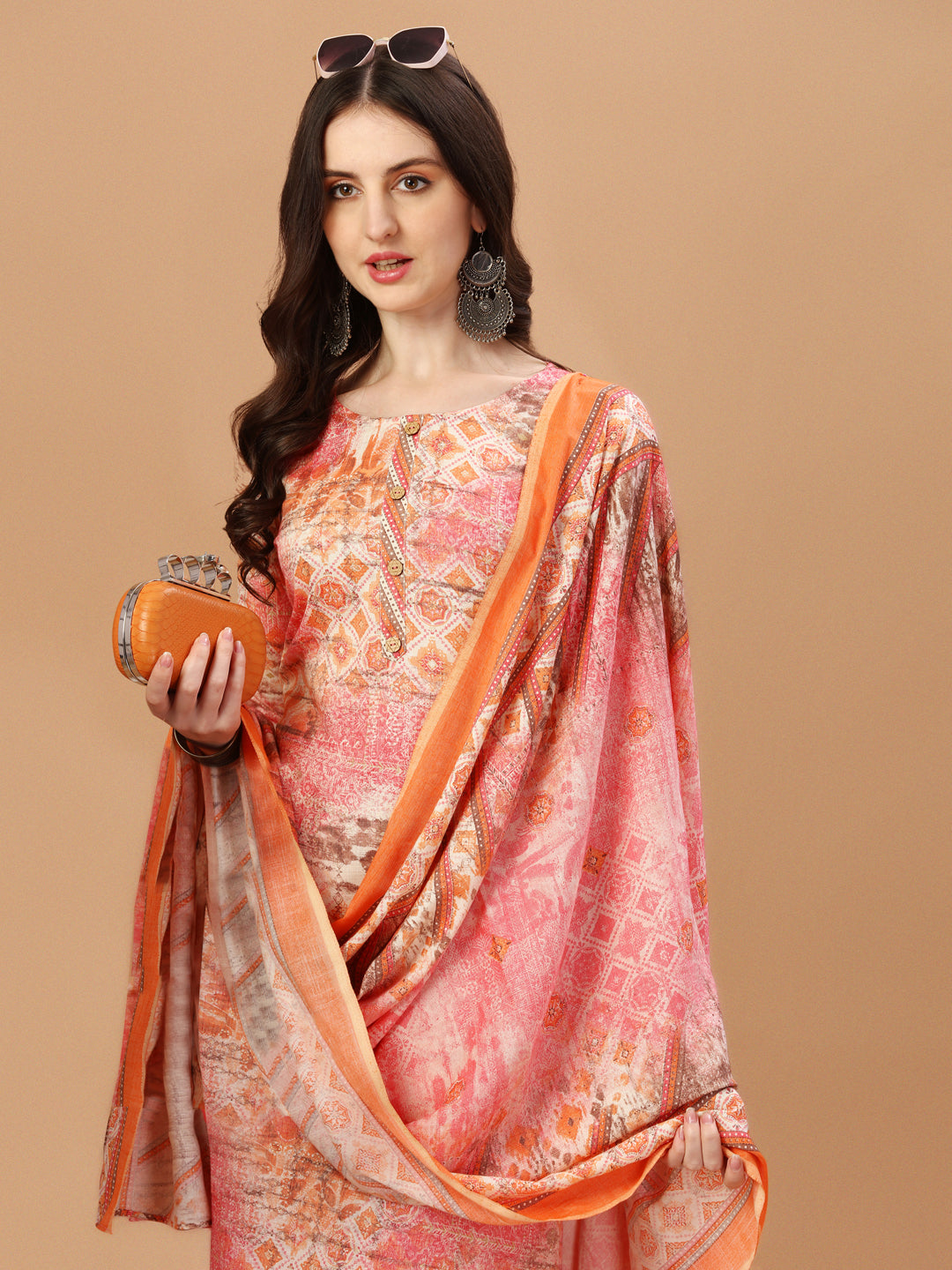 Printed Cotton Orange & Pink Kurta Pant & Dupatta Set, Multicolor - Hiral Fashion - Dista