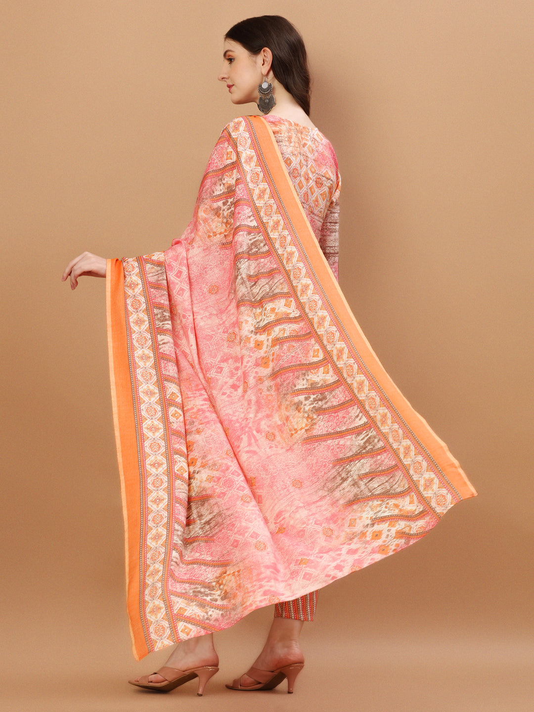Printed Cotton Orange & Pink Kurta Pant & Dupatta Set, Multicolor - Hiral Fashion - Dista