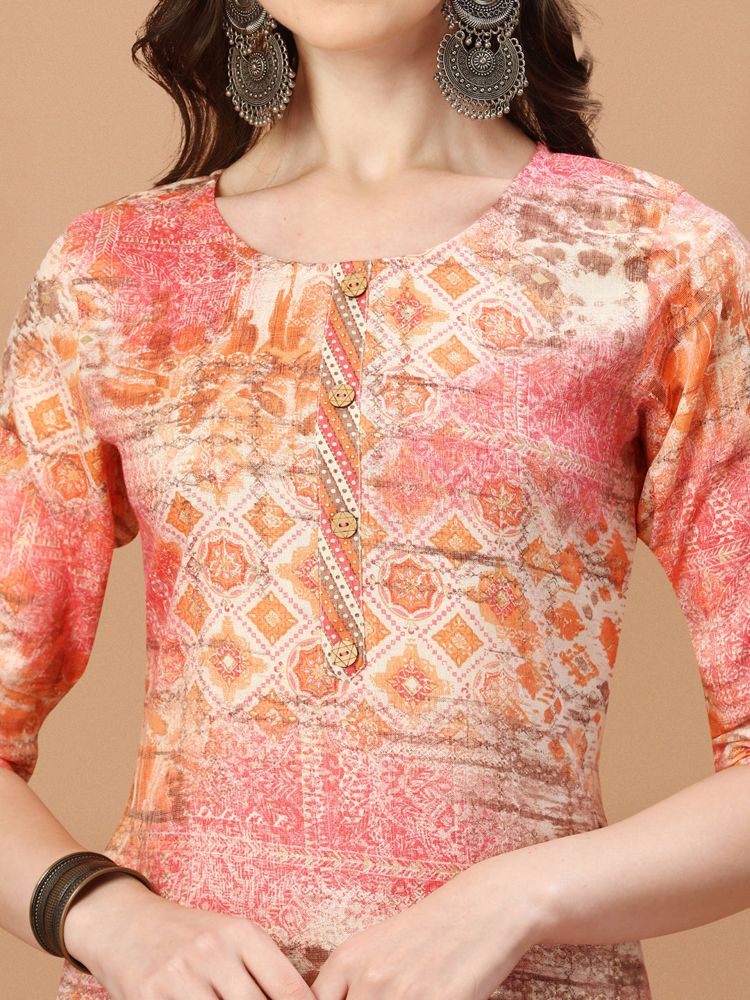 Printed Cotton Orange & Pink Kurta Pant & Dupatta Set, Multicolor - Hiral Fashion - Dista