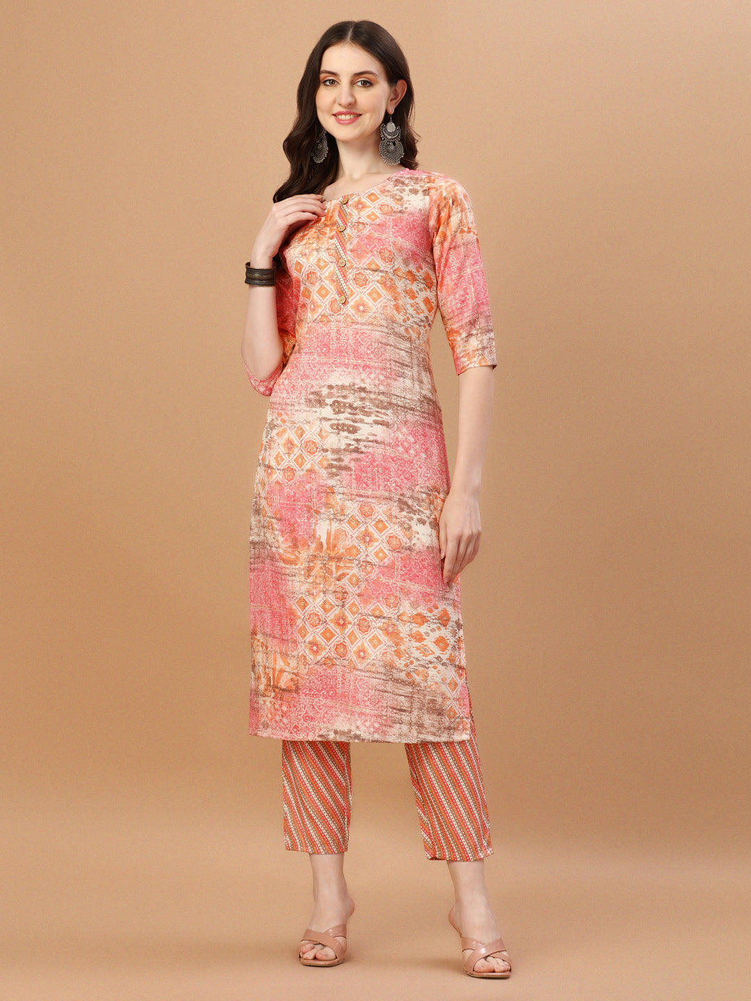 Printed Cotton Orange & Pink Kurta Pant & Dupatta Set, Multicolor - Hiral Fashion - Dista