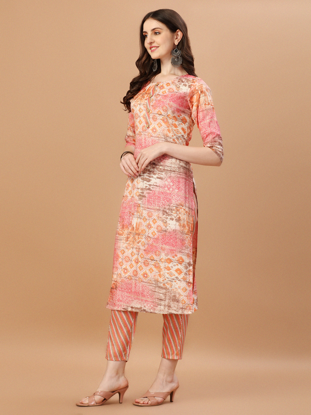 Printed Cotton Orange & Pink Kurta Pant & Dupatta Set, Multicolor - Hiral Fashion - Dista