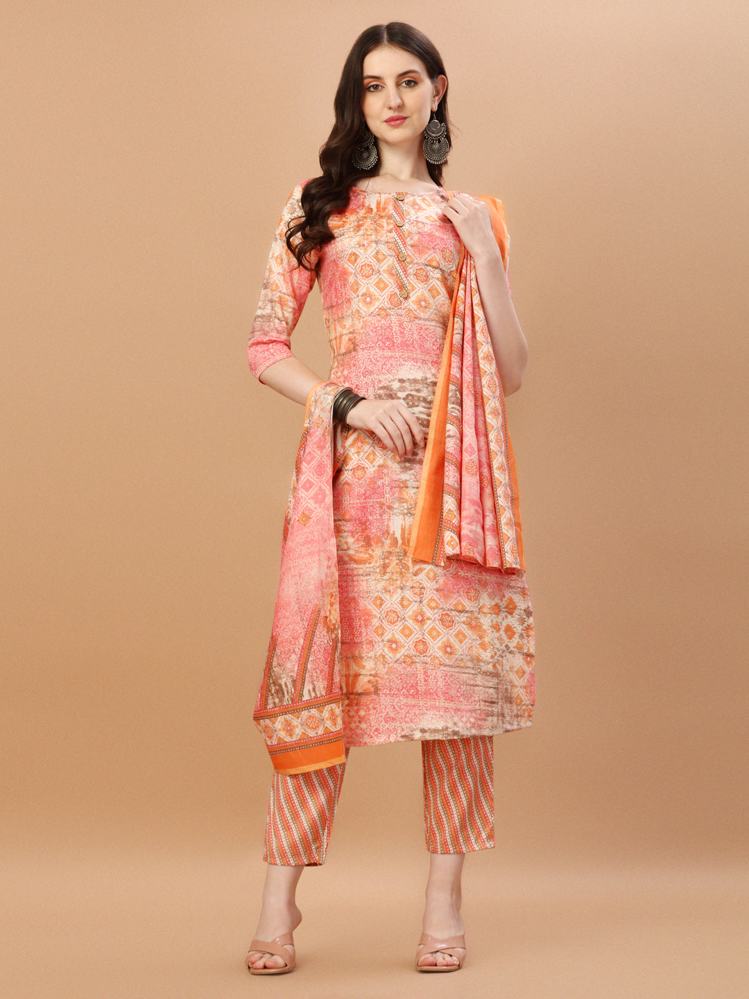 Printed Cotton Orange & Pink Kurta Pant & Dupatta Set, Multicolor - Hiral Fashion - Dista