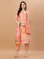 Thumbnail for Printed Cotton Orange & Pink Kurta Pant & Dupatta Set, Multicolor - Hiral Fashion - Dista