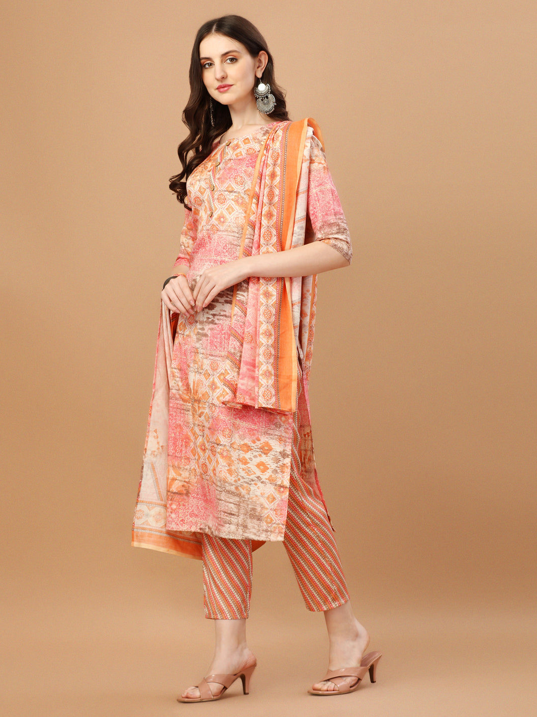 Printed Cotton Orange & Pink Kurta Pant & Dupatta Set, Multicolor - Hiral Fashion - Dista