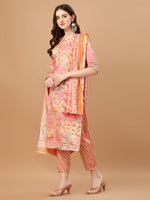 Thumbnail for Printed Cotton Orange & Pink Kurta Pant & Dupatta Set, Multicolor - Hiral Fashion - Dista