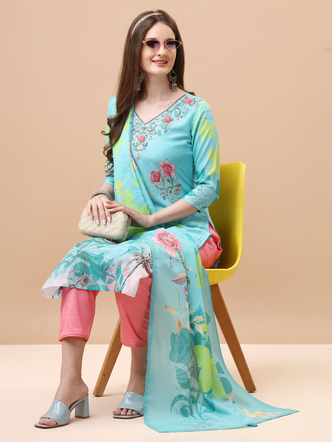 Hand Embroidered Floral Printed Kurta With Pant & Dupatta, Multicolor - Hiral Fashion - Dista
