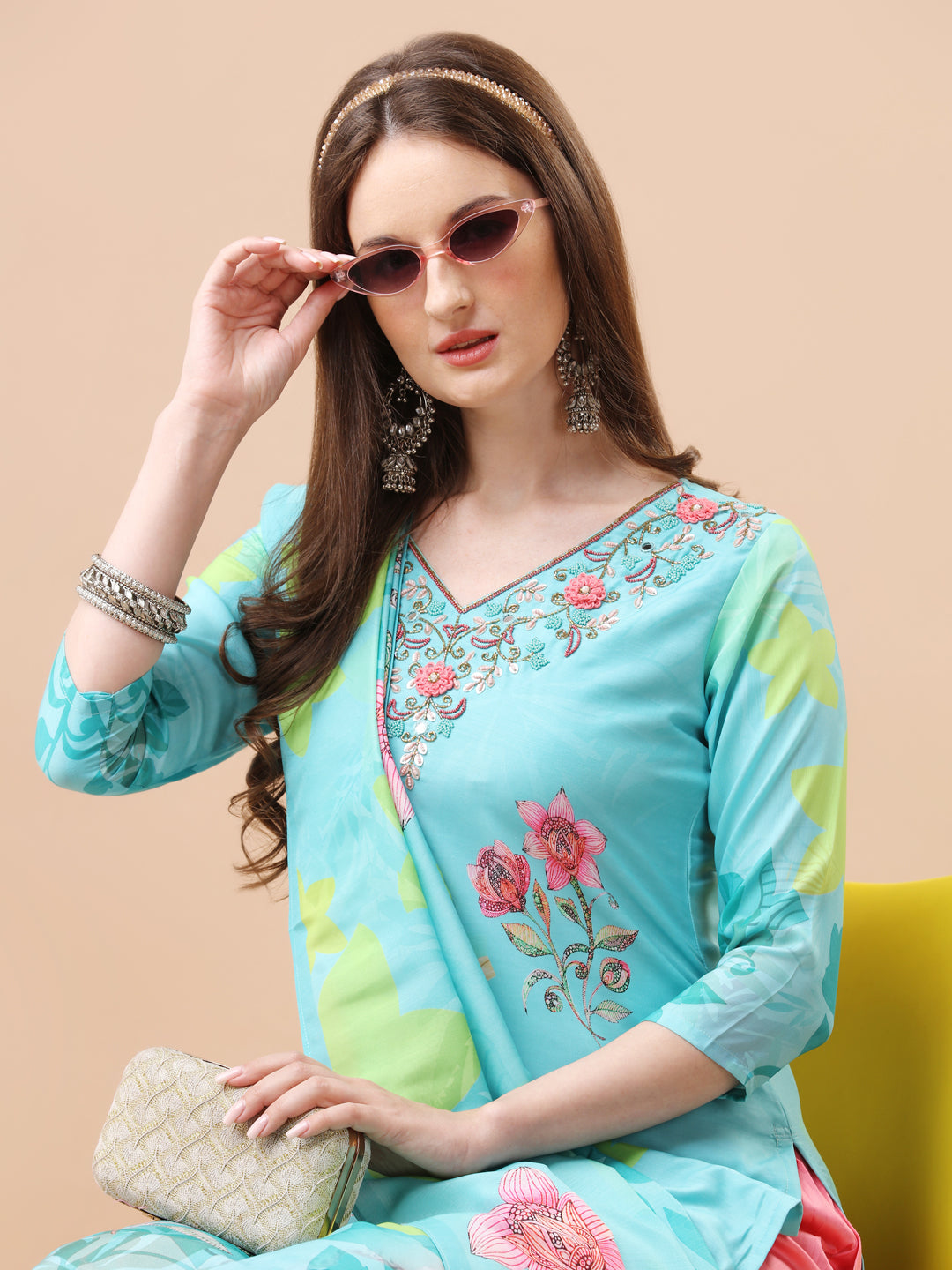 Hand Embroidered Floral Printed Kurta With Pant & Dupatta, Multicolor - Hiral Fashion - Dista