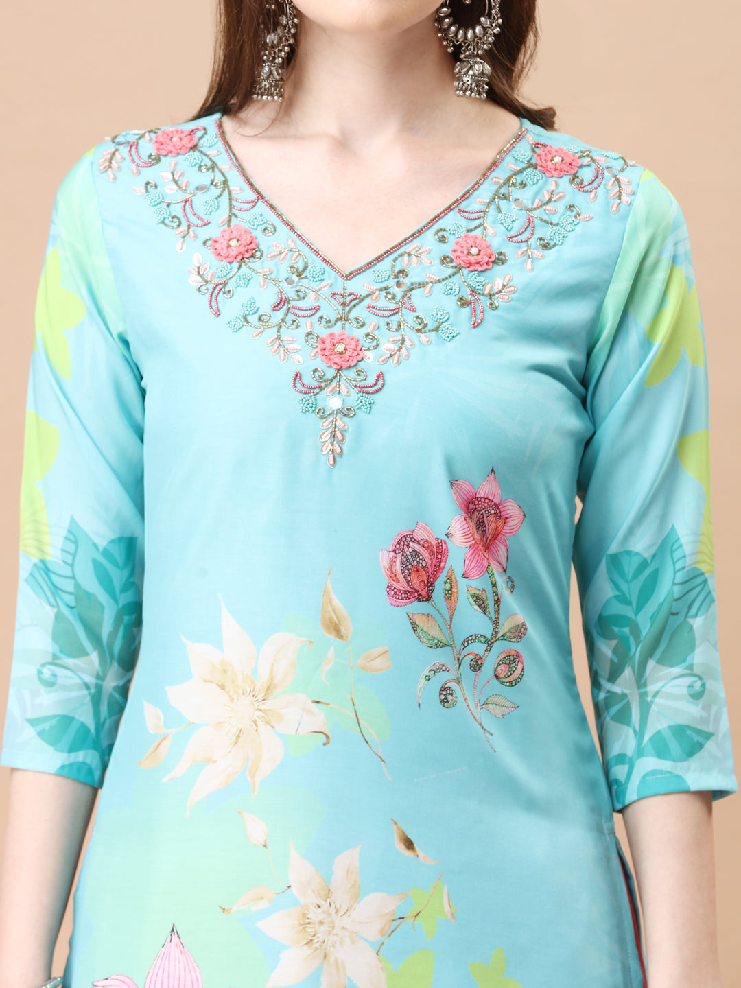 Hand Embroidered Floral Printed Kurta With Pant & Dupatta, Multicolor - Hiral Fashion - Dista