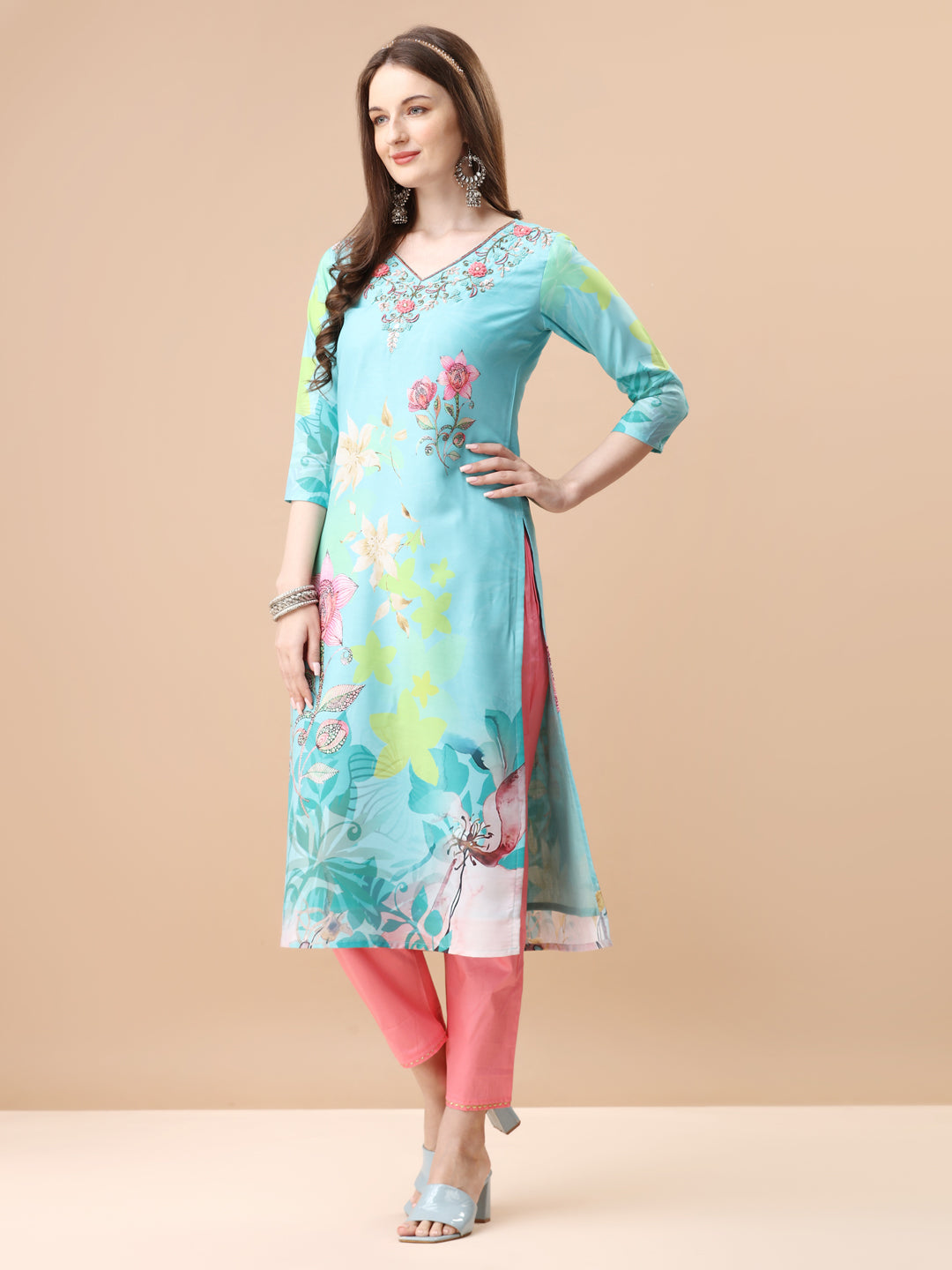 Hand Embroidered Floral Printed Kurta With Pant & Dupatta, Multicolor - Hiral Fashion - Dista