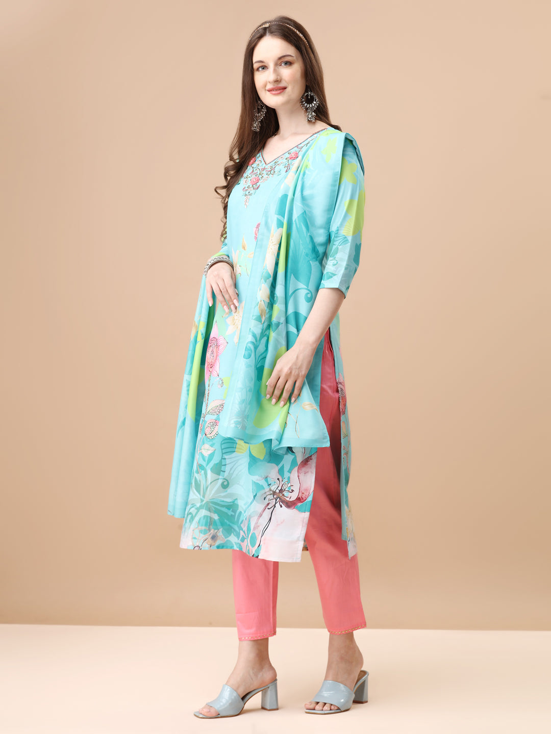 Hand Embroidered Floral Printed Kurta With Pant & Dupatta, Multicolor - Hiral Fashion - Dista