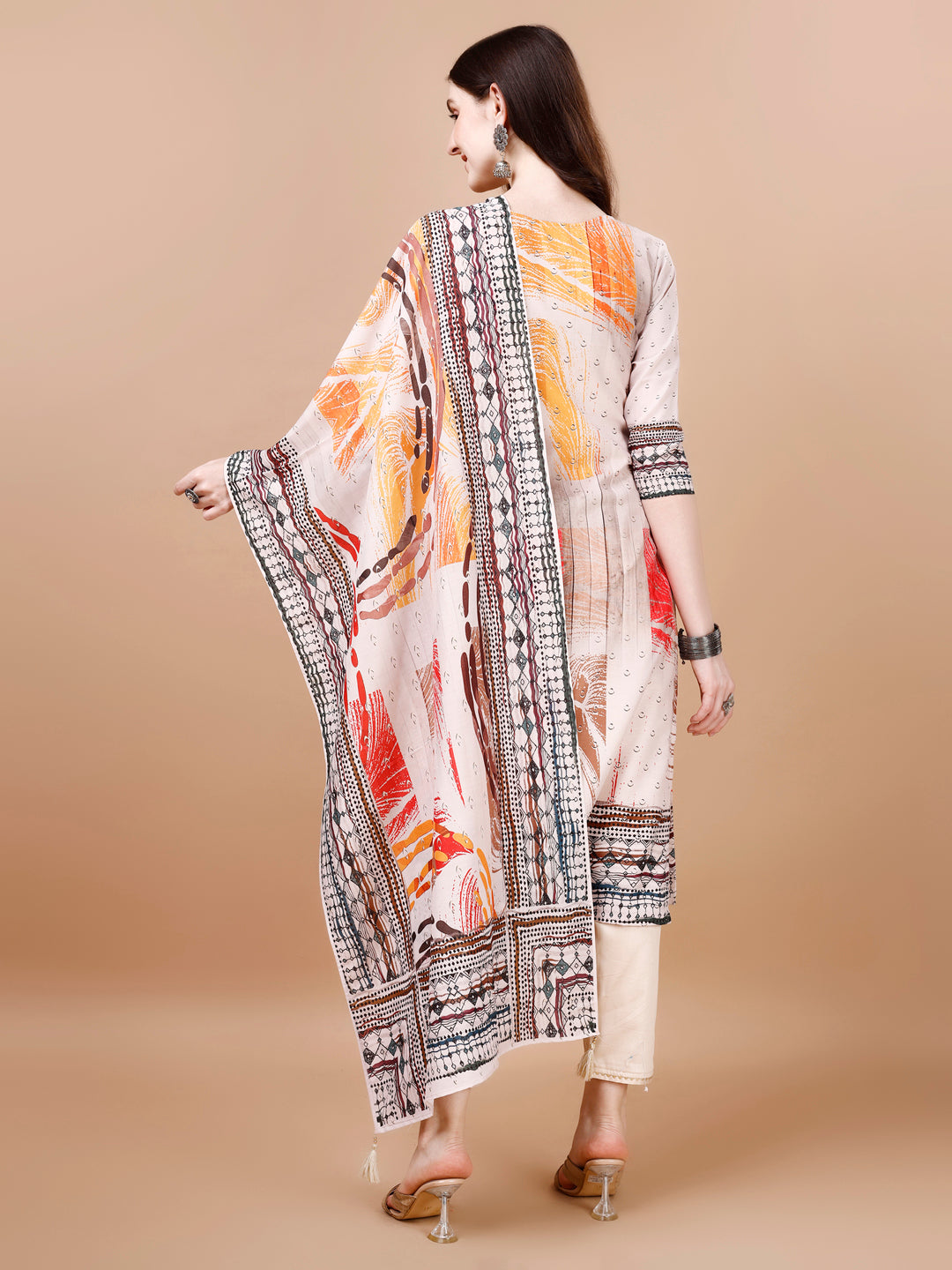 Hand Embroidered Printed Muslin Kurta With Pant & Dupatta, Multicolor - Hiral Fashion - Distacart
