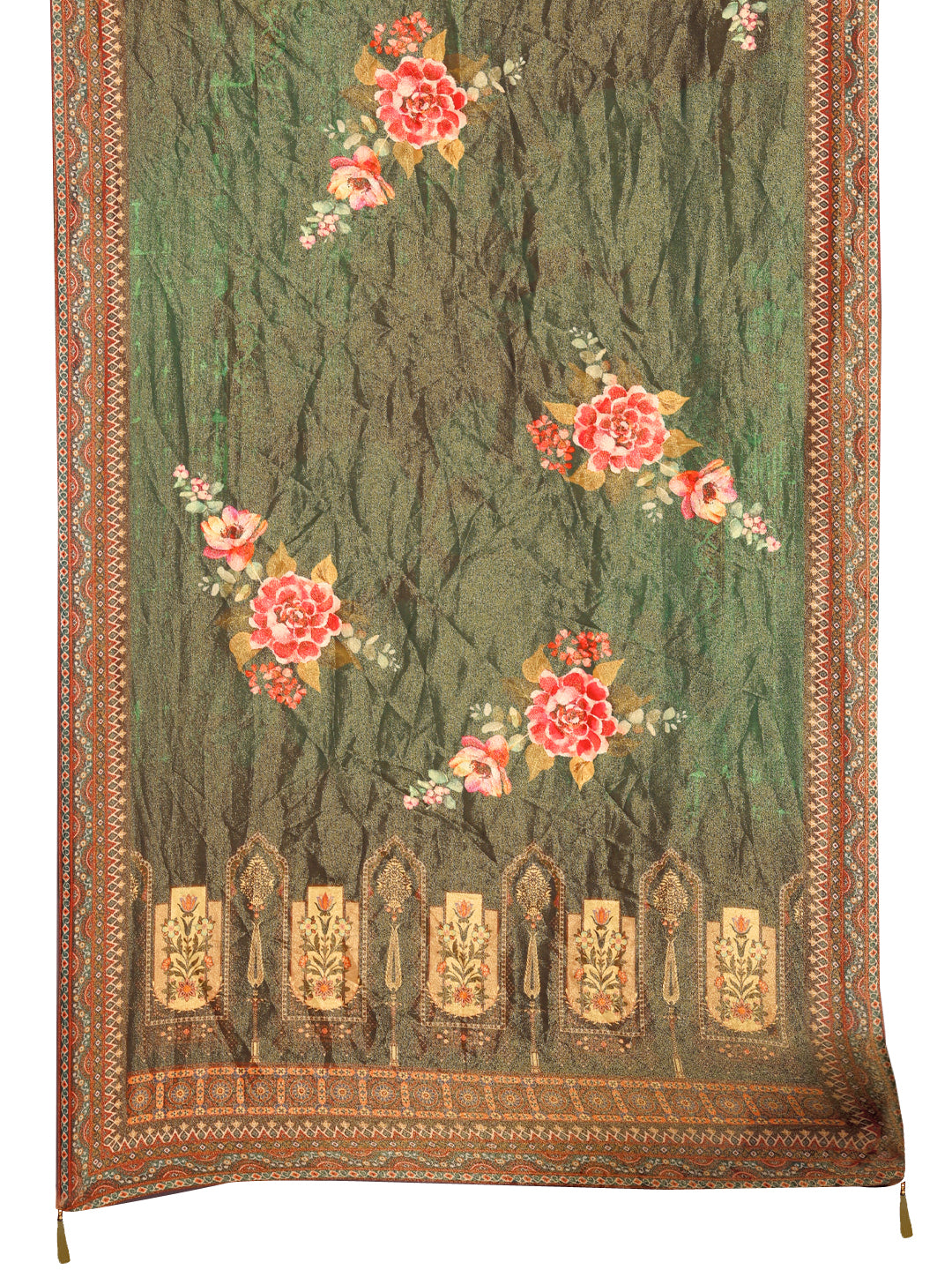 Hand Embroidered & Printed Pure Silk Kurta With Pant & Printed Dupatta, Green - Hiral Fashion - Dista
