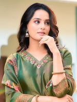 Thumbnail for Hand Embroidered & Printed Pure Silk Kurta With Pant & Printed Dupatta, Green - Hiral Fashion - Dista