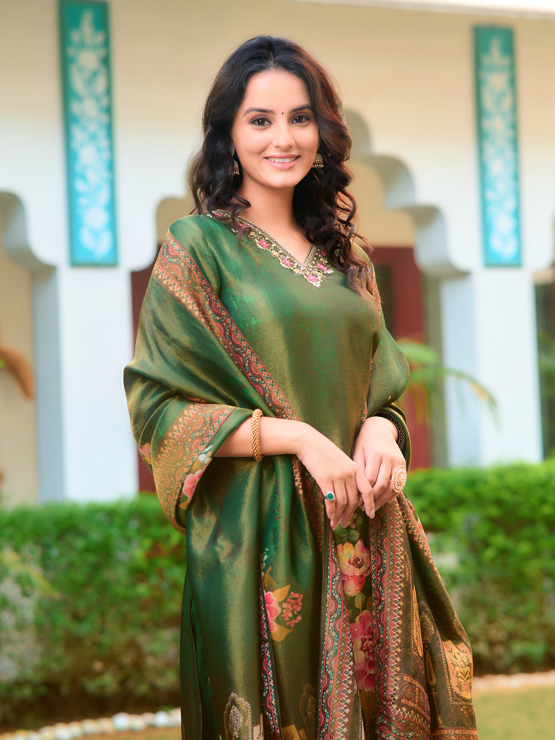 Hand Embroidered & Printed Pure Silk Kurta With Pant & Printed Dupatta, Green - Hiral Fashion - Dista