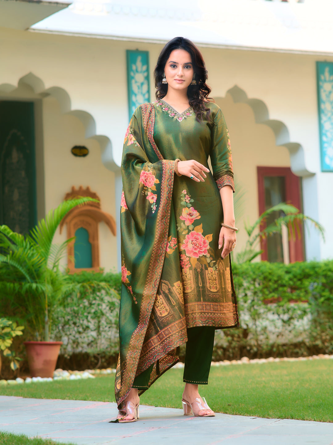 Hand Embroidered & Printed Pure Silk Kurta With Pant & Printed Dupatta, Green - Hiral Fashion - Dista