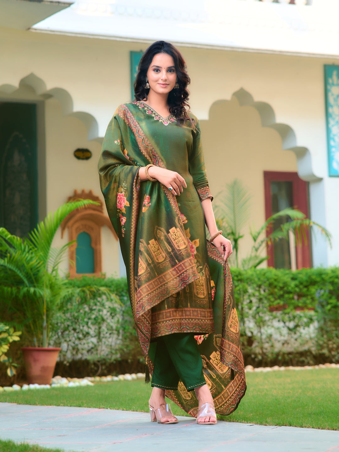 Hand Embroidered & Printed Pure Silk Kurta With Pant & Printed Dupatta, Green - Hiral Fashion - Dista