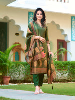 Thumbnail for Hand Embroidered & Printed Pure Silk Kurta With Pant & Printed Dupatta, Green - Hiral Fashion - Dista