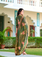 Thumbnail for Hand Embroidered & Printed Pure Silk Kurta With Pant & Printed Dupatta, Green - Hiral Fashion - Dista