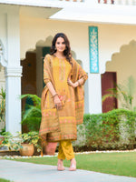 Thumbnail for Hand Embroidered & Printed Pure Silk Kurta With Pant & Printed Dupatta, Yellow - Hiral Fashion - Distacart