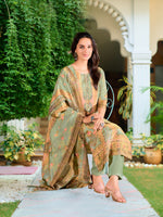 Thumbnail for Hand Embroidered & Printed Pure Silk Kurta With Pant & Printed Dupatta, Green - Hiral Fashion - Distacart
