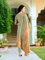 Thumbnail for Hand Embroidered & Printed Pure Silk Kurta With Pant & Printed Dupatta, Green - Hiral Fashion - Distacart