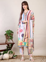 Thumbnail for Embroidered & Striped Floral Printed Kurta With Pant & Dupatta, Multicolor - Hiral Fashion - Distacart