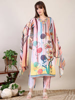 Thumbnail for Embroidered & Striped Floral Printed Kurta With Pant & Dupatta, Multicolor - Hiral Fashion - Distacart