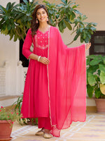 Thumbnail for Embroidered Flared Kurta With Pant & Dupatta, Pink - Hiral Fashion - Distacart