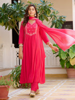 Thumbnail for Embroidered Flared Kurta With Pant & Dupatta, Pink - Hiral Fashion - Distacart