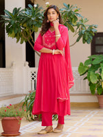 Thumbnail for Embroidered Flared Kurta With Pant & Dupatta, Pink - Hiral Fashion - Distacart