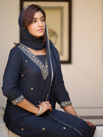 Thumbnail for Sequined & Zari Embroidered Kurta With Pant & Dupatta, Navy Blue - Hiral Fashion - Distacart