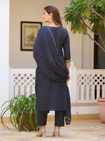 Thumbnail for Sequined & Zari Embroidered Kurta With Pant & Dupatta, Navy Blue - Hiral Fashion - Distacart