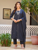 Thumbnail for Sequined & Zari Embroidered Kurta With Pant & Dupatta, Navy Blue - Hiral Fashion - Distacart
