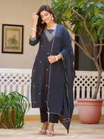Thumbnail for Sequined & Zari Embroidered Kurta With Pant & Dupatta, Navy Blue - Hiral Fashion - Distacart