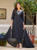 Thumbnail for Sequined & Zari Embroidered Kurta With Pant & Dupatta, Navy Blue - Hiral Fashion - Distacart