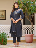 Thumbnail for Sequined & Zari Embroidered Kurta With Pant & Dupatta, Navy Blue - Hiral Fashion - Distacart