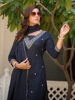 Thumbnail for Sequined & Zari Embroidered Kurta With Pant & Dupatta, Navy Blue - Hiral Fashion - Distacart